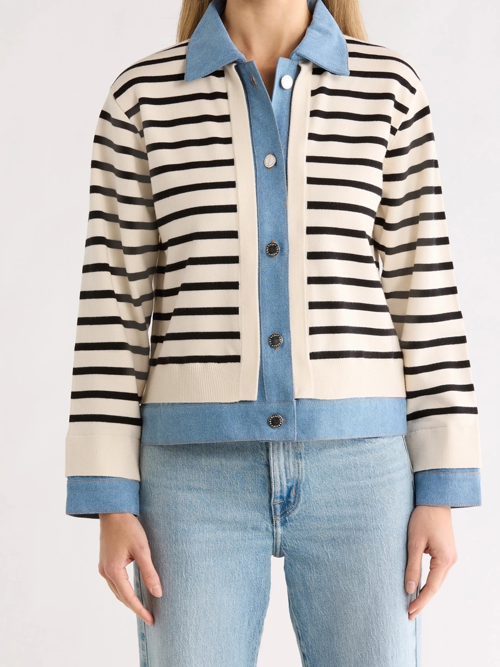 Striped Cream & Black Button-Front Top with Blue Trim